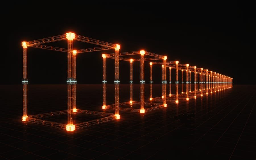 Cadena de bloques de estructura luminosa que se repite hacia el horizonte sobre una retícula.
